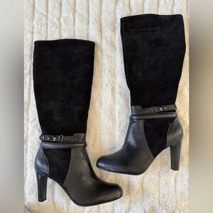 Black Knee High Leather & Suede High Heel Boots